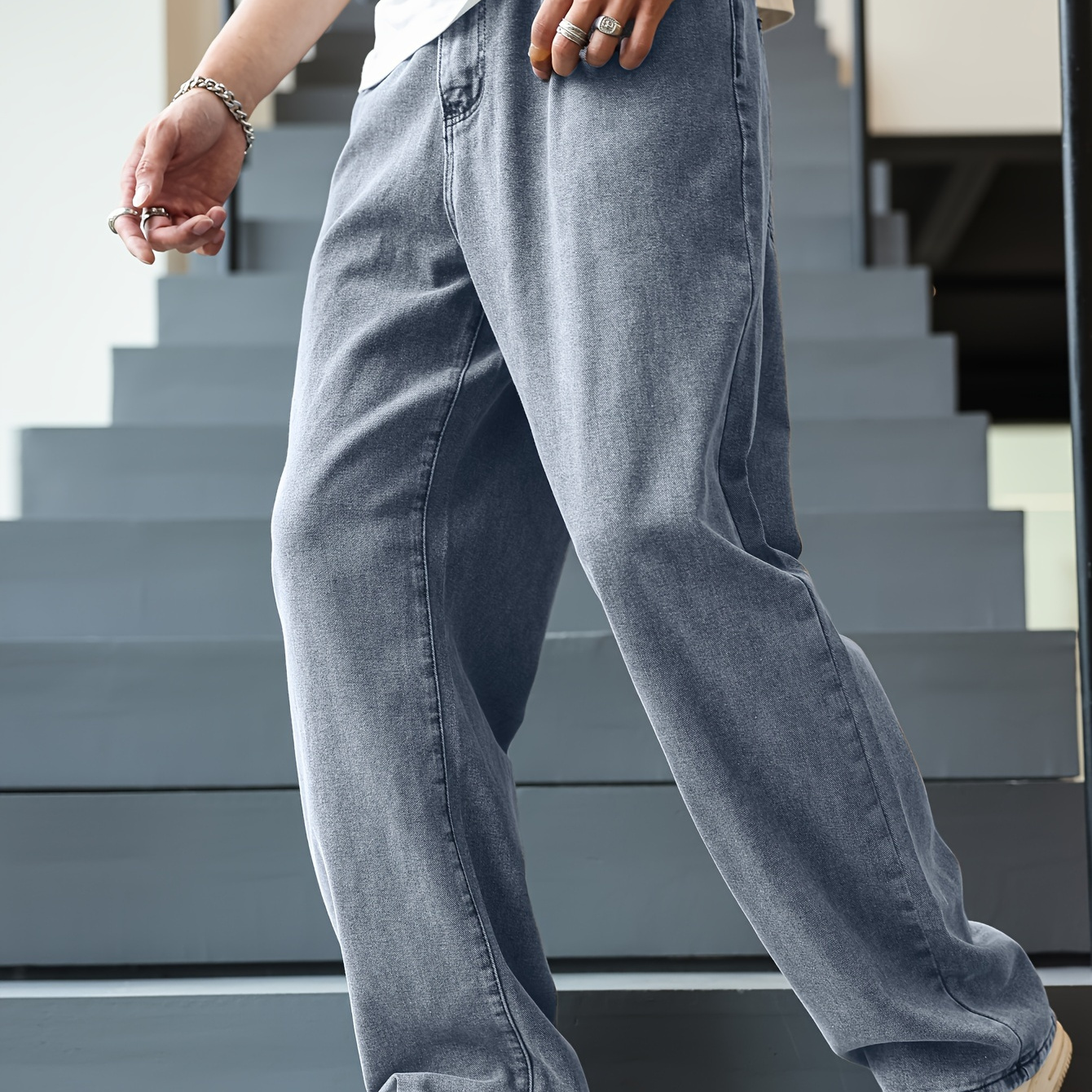 

Men's Solid Loose Fit Denim Pants For Spring Fall, Trendy Casual Jeans For Daily Life