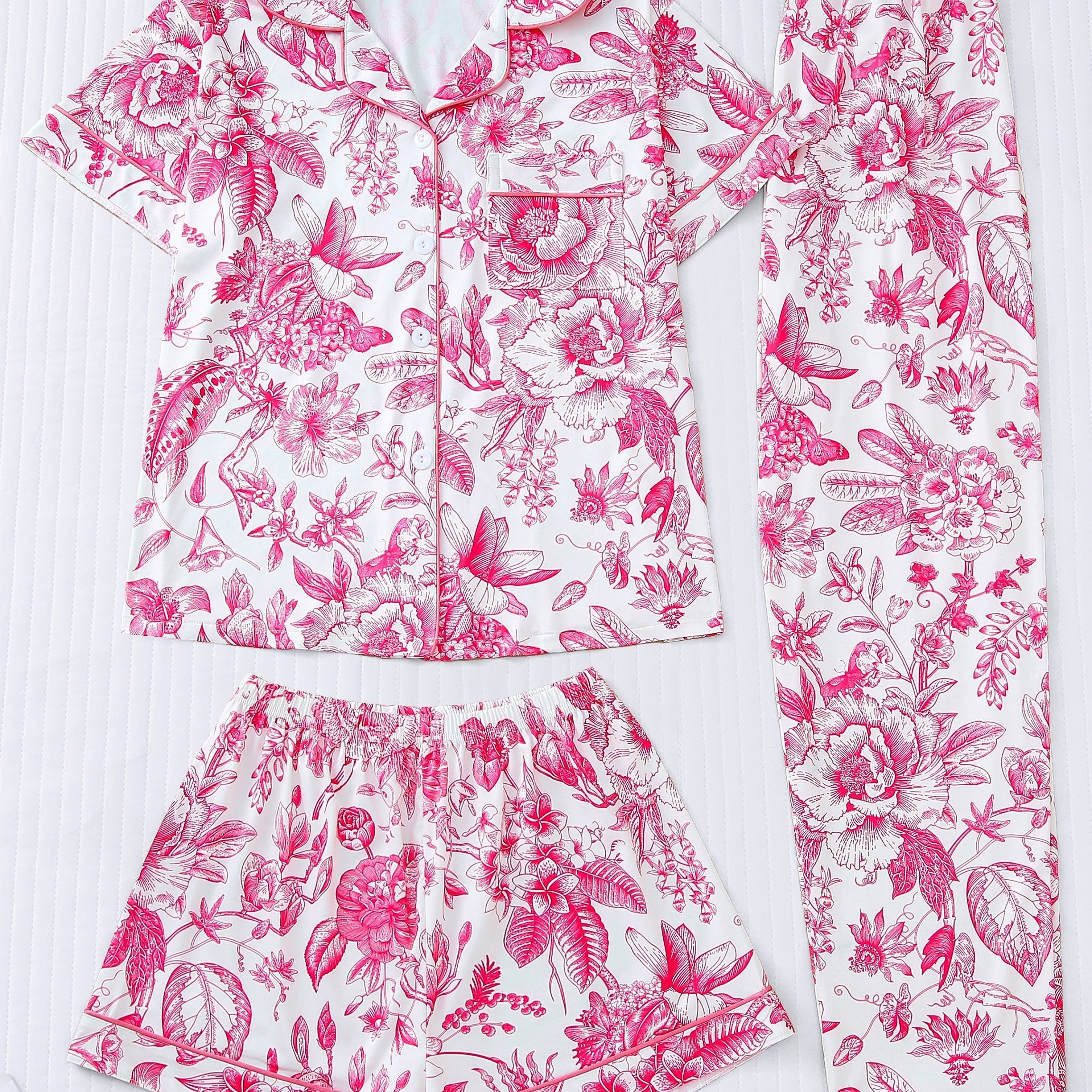 

Women' Floral Print Elegant Pajama Set, Short Sleeve Buttons Lapel Top & Shorts & Pants, Comfortable Relaxed Fit