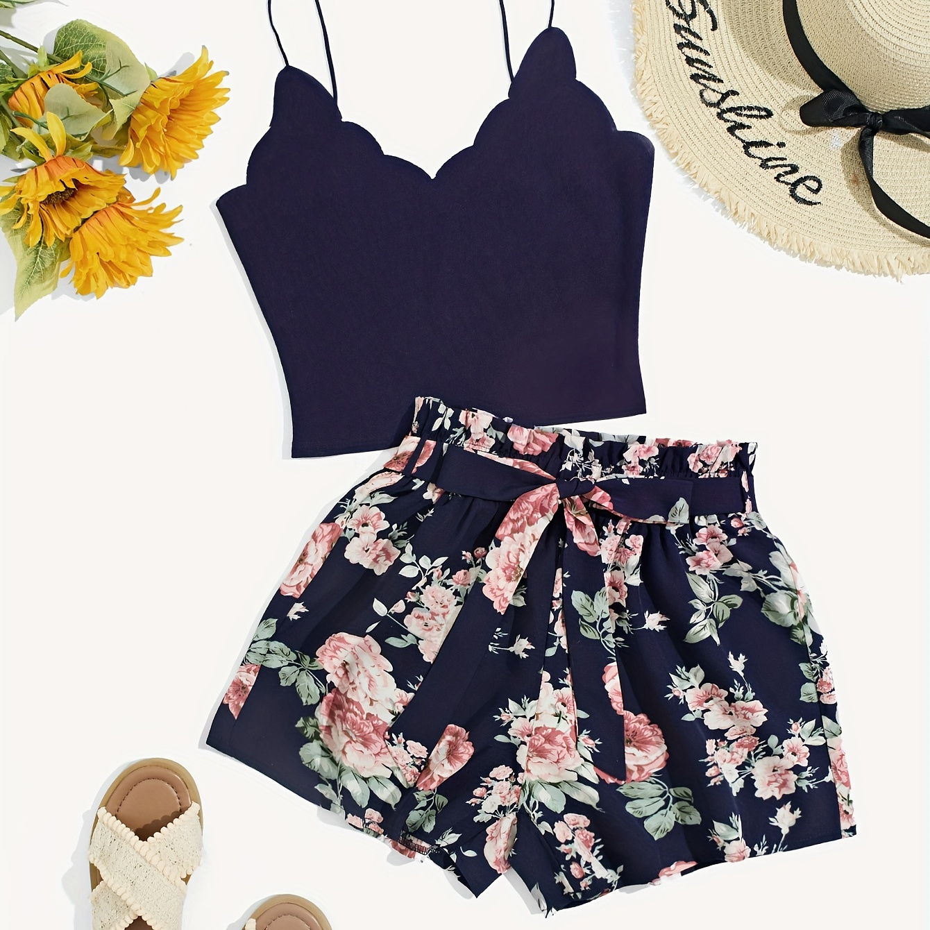 

Floral Print Shorts Elegant Set, Solid Scallop Trim V-neck Spaghetti Strap Cami Top & Belted Shorts Outfits, Women's Clothing