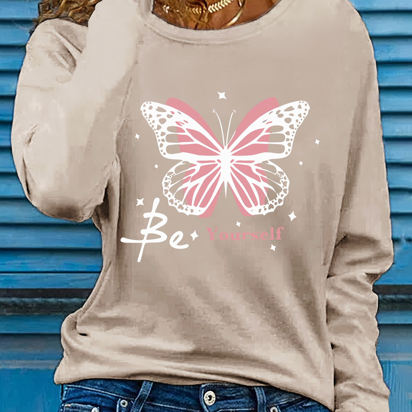 

Women's Casual Long Sleeve T-shirt, Polyester, Round Neck, Regular Fit, "" Butterfly Print, Autumn Fashion Top, Pullover Sweatshirt Without Pads