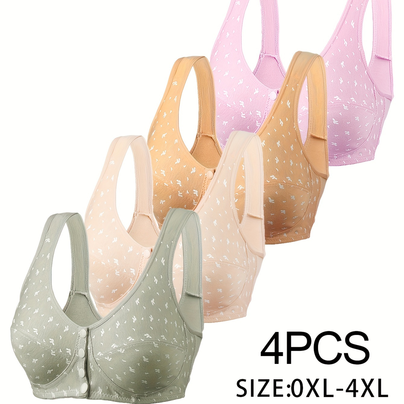 

4pcs Women's Plus Elegant Bra, Plus Size Allover Print Front Button Full Cover Comfort Bralette