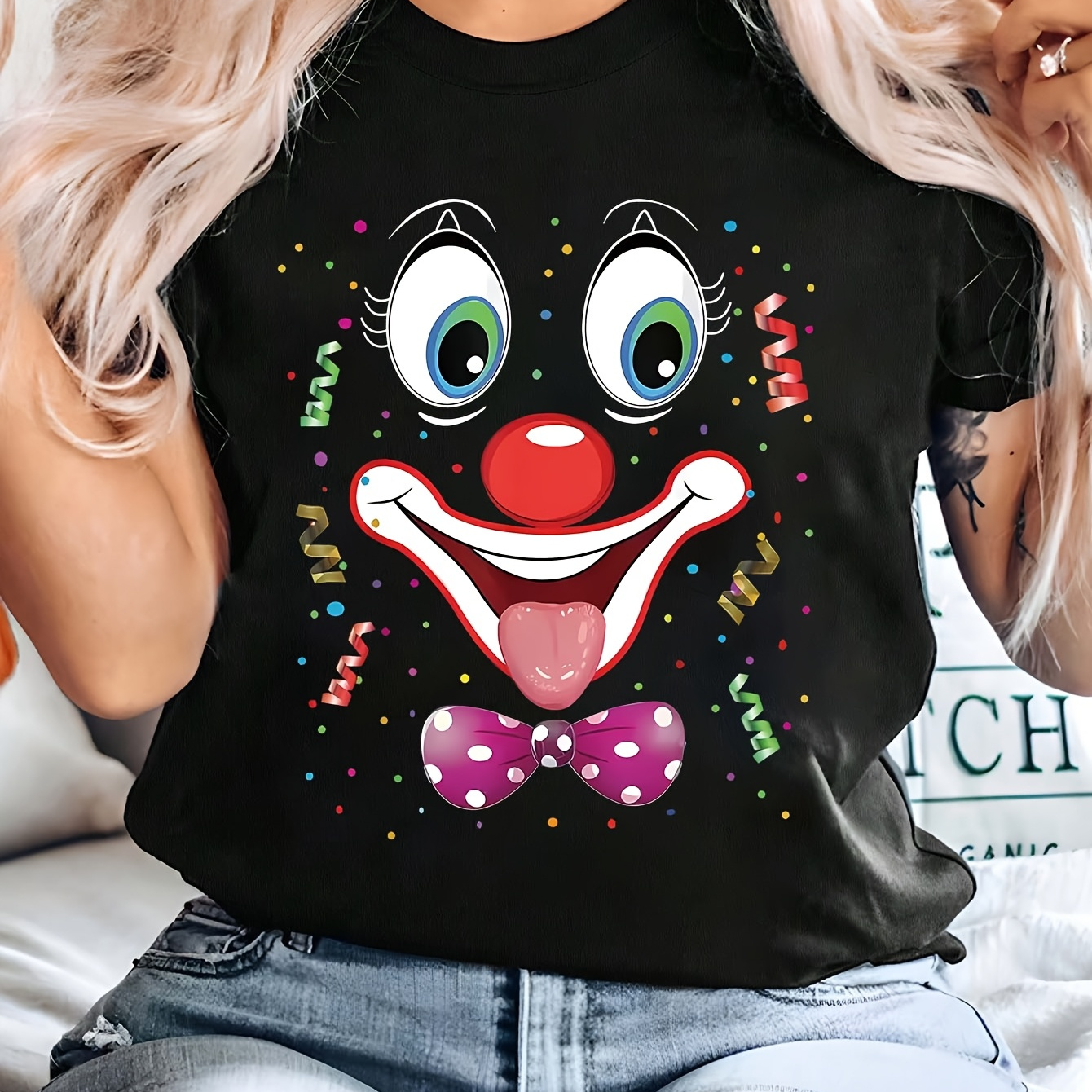 

Women's Polyester Crew Neck T-shirt, , Regular Length, Knit Fabric, With Carnival Clown Face Graphic Print, For All