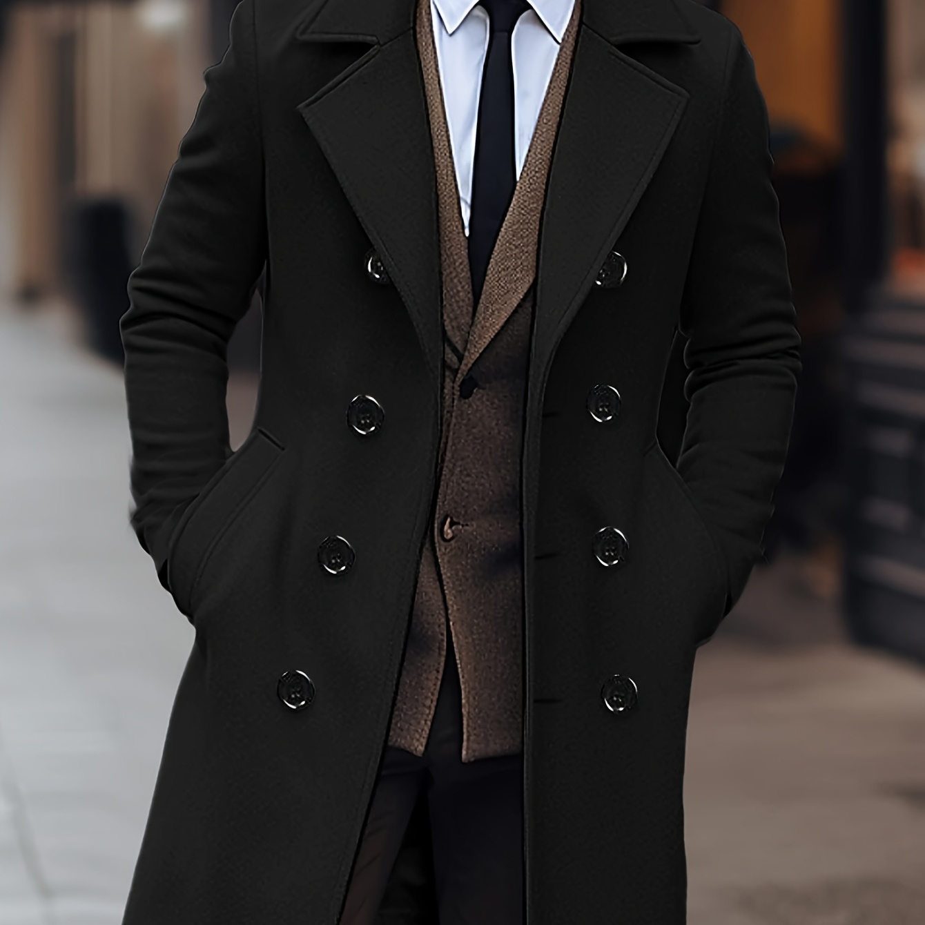 

British-style Fleece Trench Coat - Elegant Solid Color, Casual & Business-friendly, Mid-length With Double-breasted Lapel Collar, Non-stretch Fabric, Fall/winter