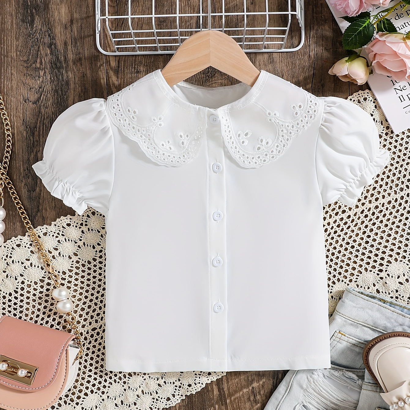 

Girls White Lace Collar Blouse, Elegant Korean-style Top, Ladylike Shirt