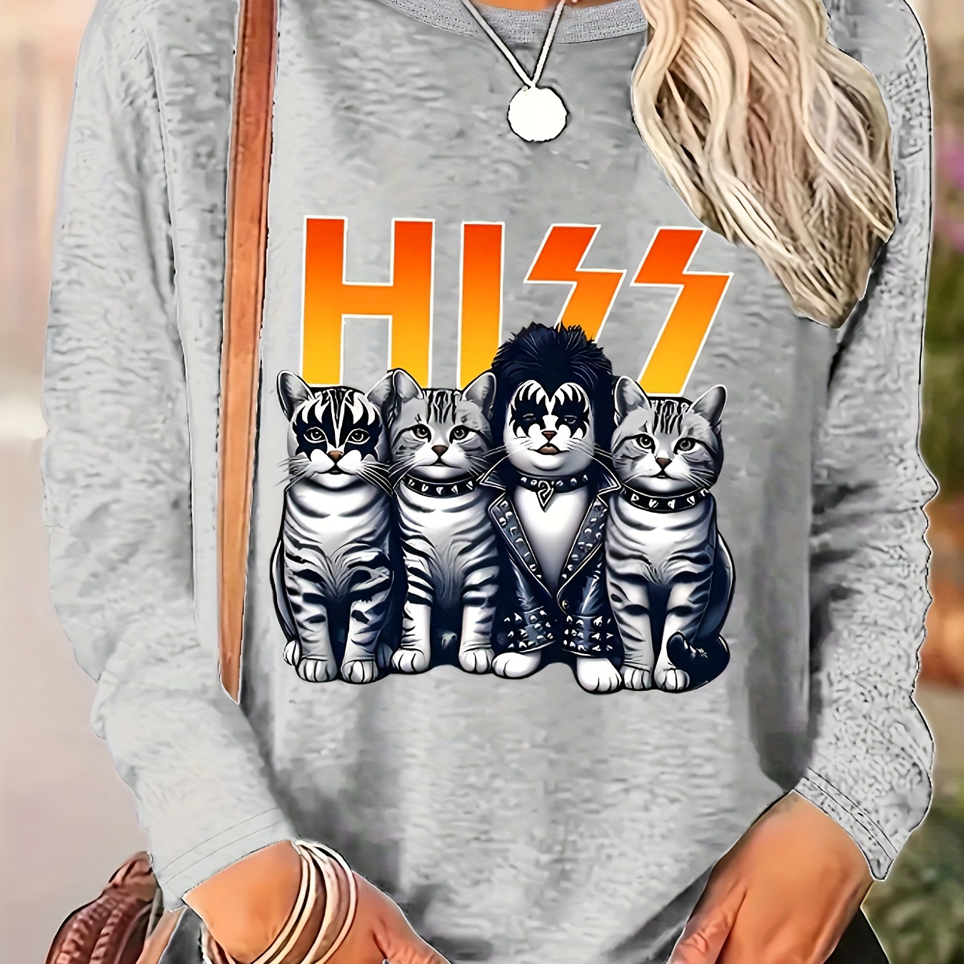 

[casual ] Women's Casual Long Sleeve T-shirt With His Cats Graphic - Soft, Cool Polyester , Machine Washable, Round Neck - Stylish Black Top With Cat Design