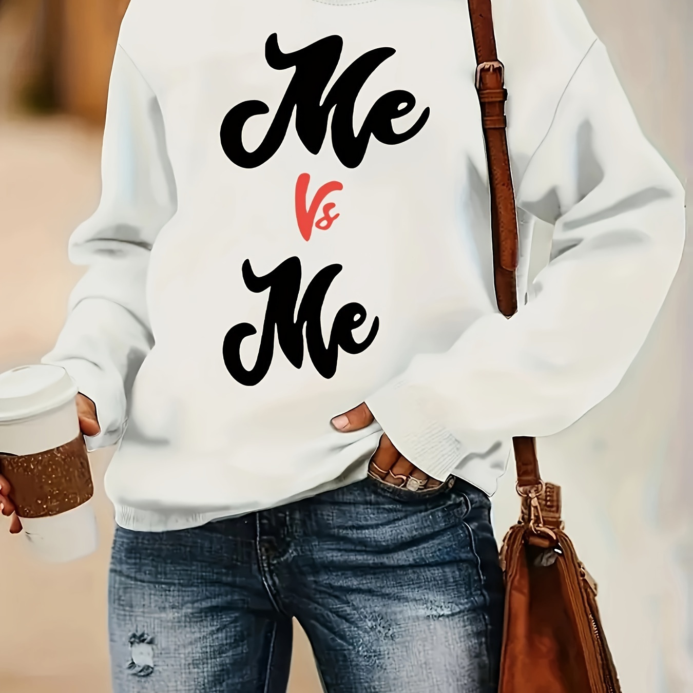 

Plus Size Me Vs Me Print Sweatshirt, Casual Long Sleeve Crew Neck Sweatshirt, Women's Plus Size Clothing