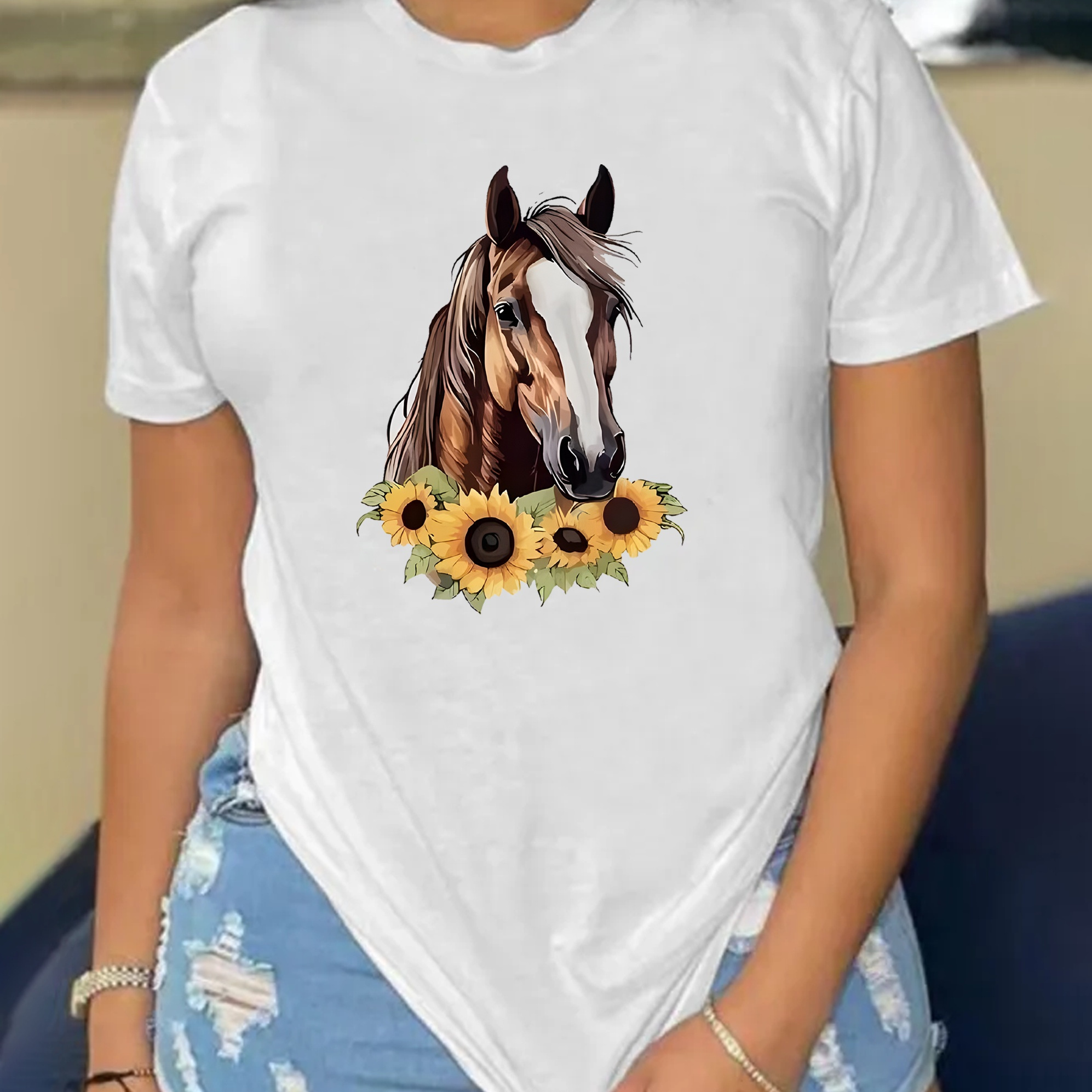 

Horse & Floral Print T-shirt, Short Sleeve Crew Neck Casual Top For Summer & Spring, Women's Clothing