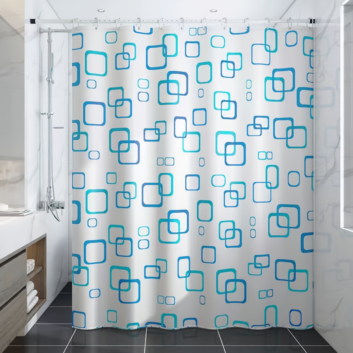 

1pc Durable Geometric Print Shower Curtain With Metal Grommets And Hooks - Waterproof And Mildew Resistant - Available In Multiple Sizes - Perfect For Bathroom Decor And Accessories