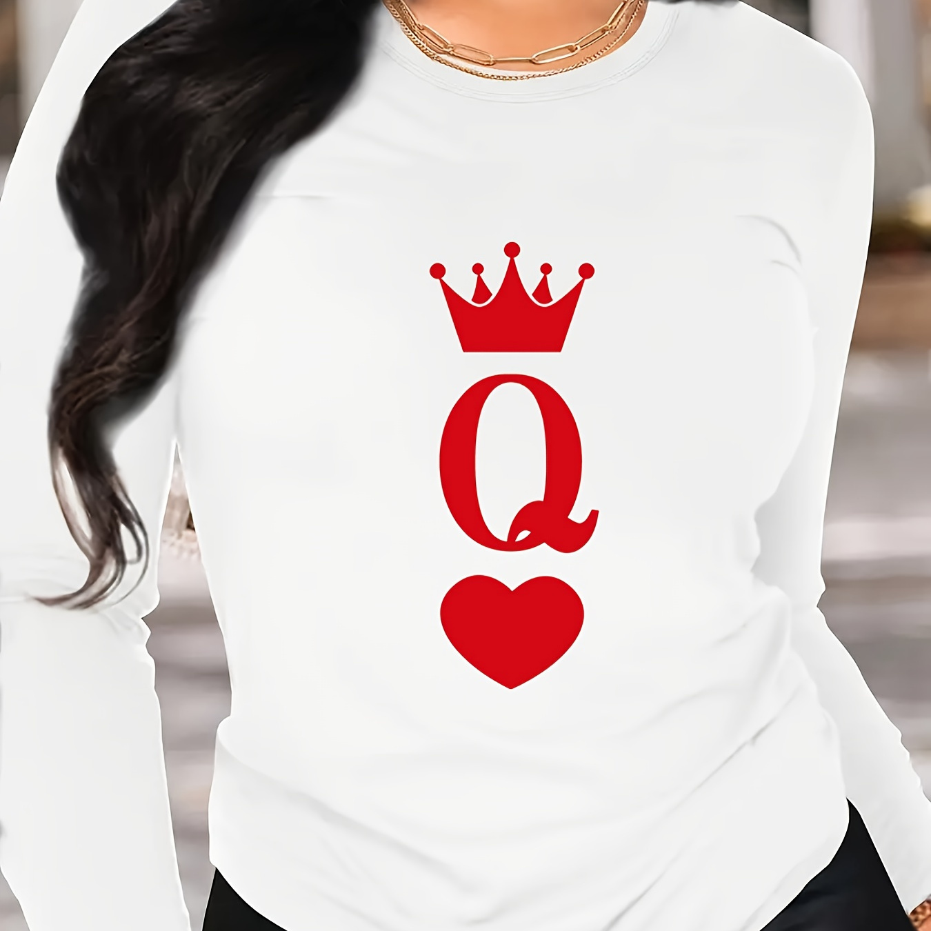 

1pc Women's Casual Crew Neck Long Sleeve T-shirt With Queen Of Hearts Print, Soft Jersey Knit Fabric With Slight Stretch, Fashionable Graphic Tee For Spring/summer/fall