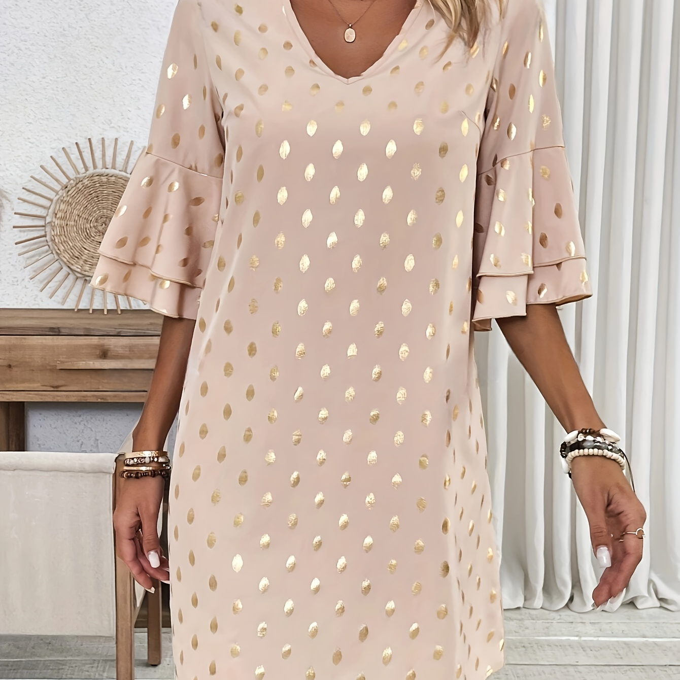 

Polka Dot Print V-neck Dress, Elegant Layered Ruffle Sleeve Loose Fit Dress For Spring & Summer, Women's Clothing
