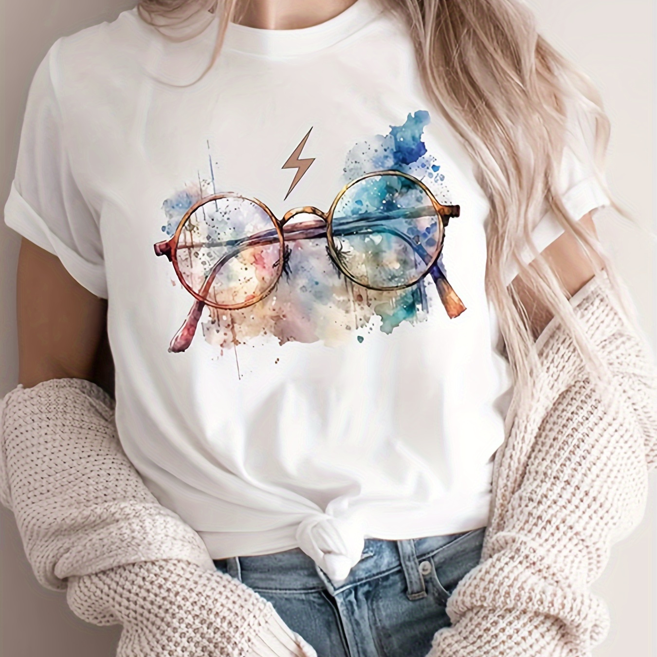 

Glasses Print Crew Neck T-shirt, Casual Short Sleeve Top For Spring & Summer, Women's Clothing