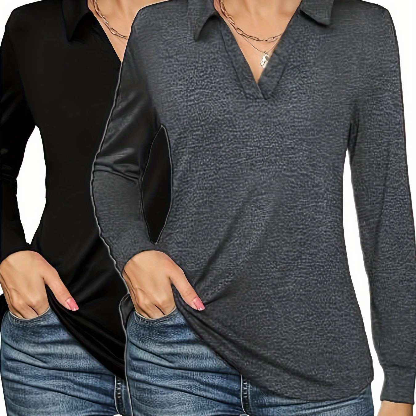 

2 Pcs Solid Color Collared T-shirt, Casual Long Sleeve Top For Spring & Fall, Women's Clothing