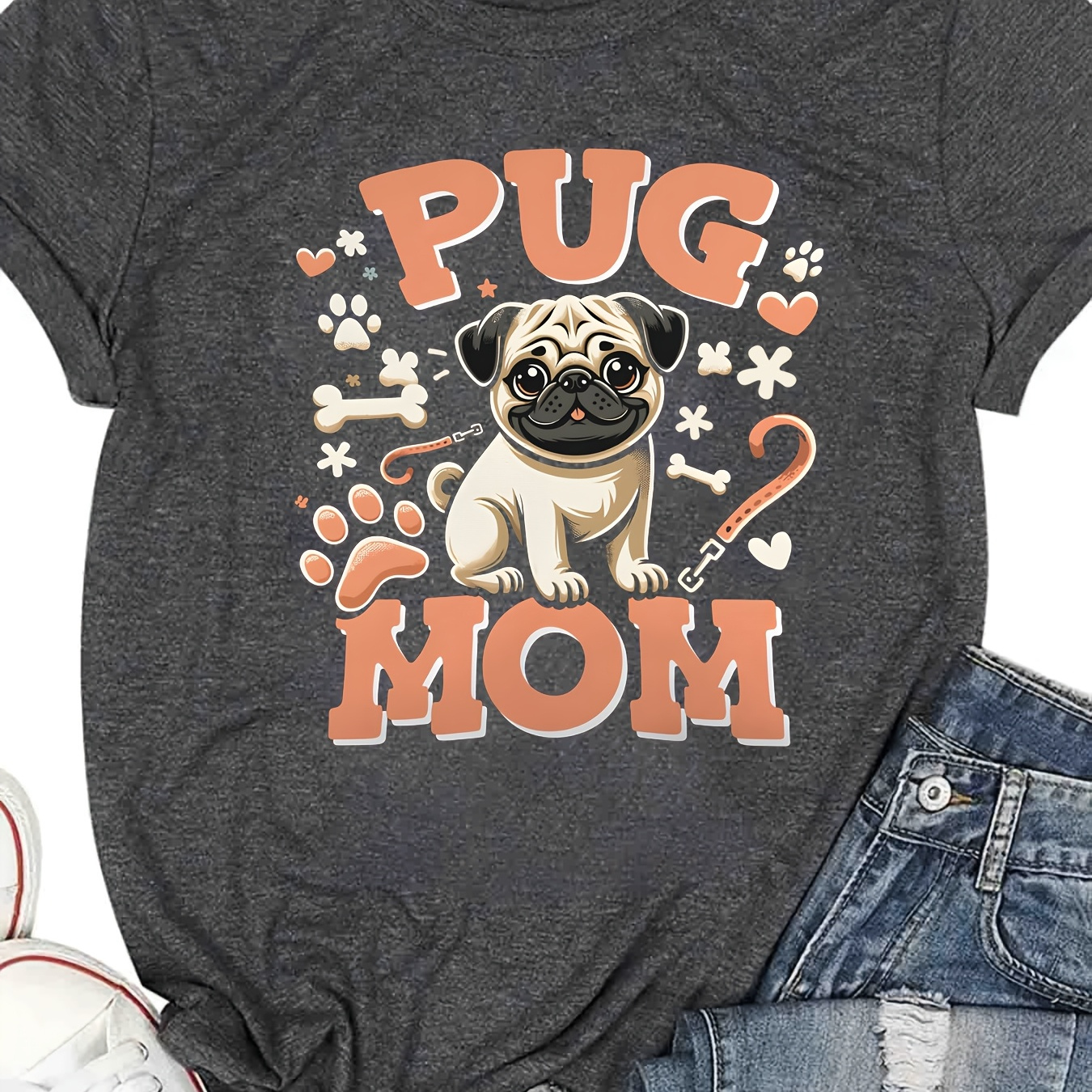 

Ever" Dog Print T-shirt - Comfy Polyester Crew Neck, Short Sleeve, Regular Fit - Machine Washable, Tee With Cute Pug & Paw