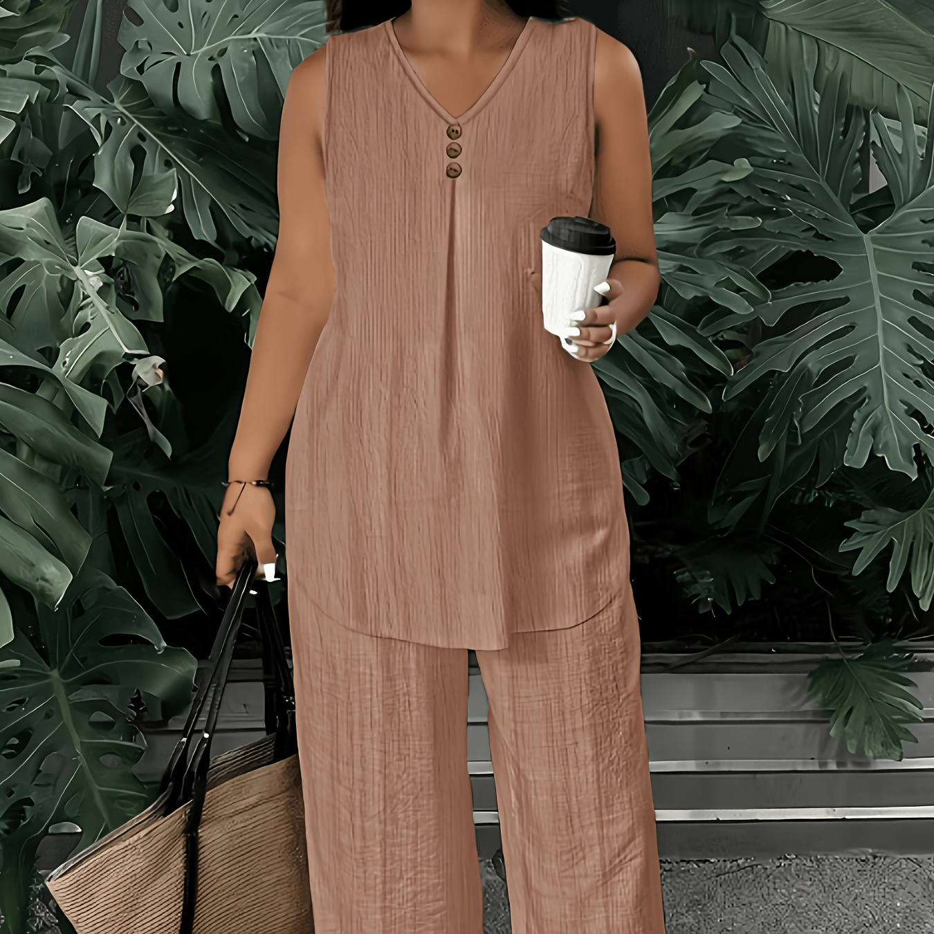 Women's Sleeveless V-neck Top and Pants 2pcs Set, Simple and Comfortable, Suitable for Daily Wear or Vacation Outfits