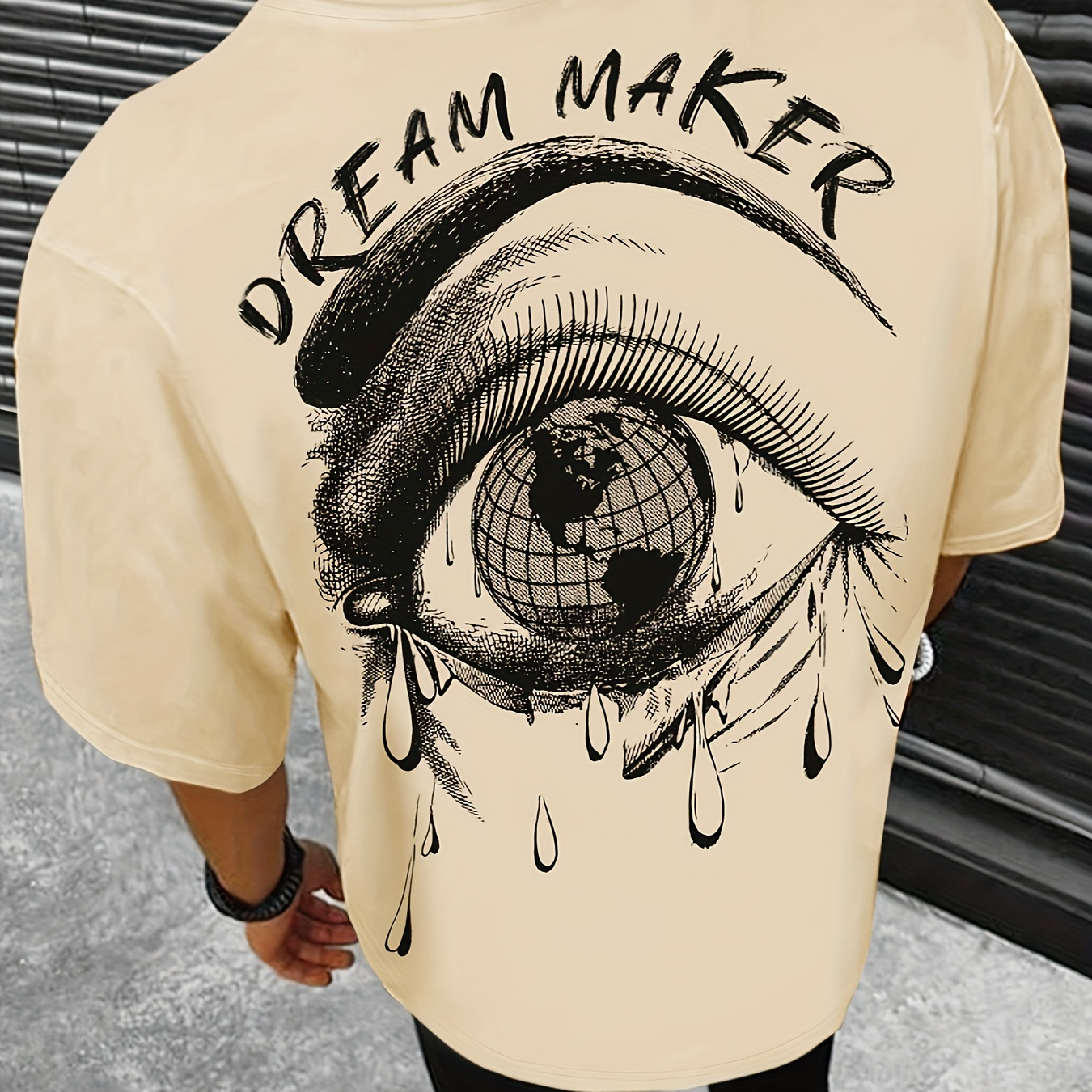

Dream Maker & Tear Droping Eye Graphic Printed Y2k Tops, Men's Stylish Shirt Casual Crew Neck Short Sleeve Tee