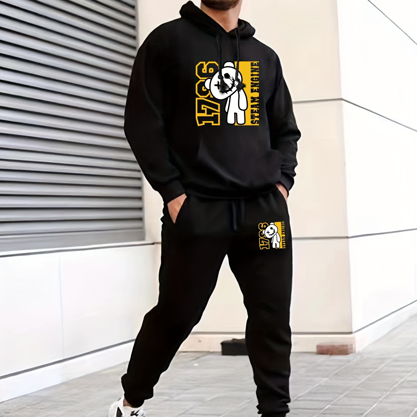 

Bear Print, Men's 2pcs Outfits, Casual Hoodies Long Sleeve Pullover Hooded Sweatshirt And Sweatpants Joggers Set For Spring Fall, Men's Clothing