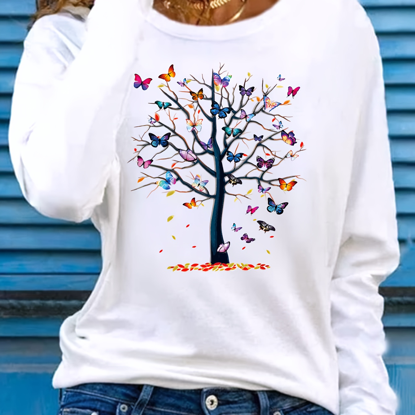 

Leaves & Butterflies Print T-shirt, Long Sleeve Crew Neck Casual Top For Spring & Fall, Women's Clothing