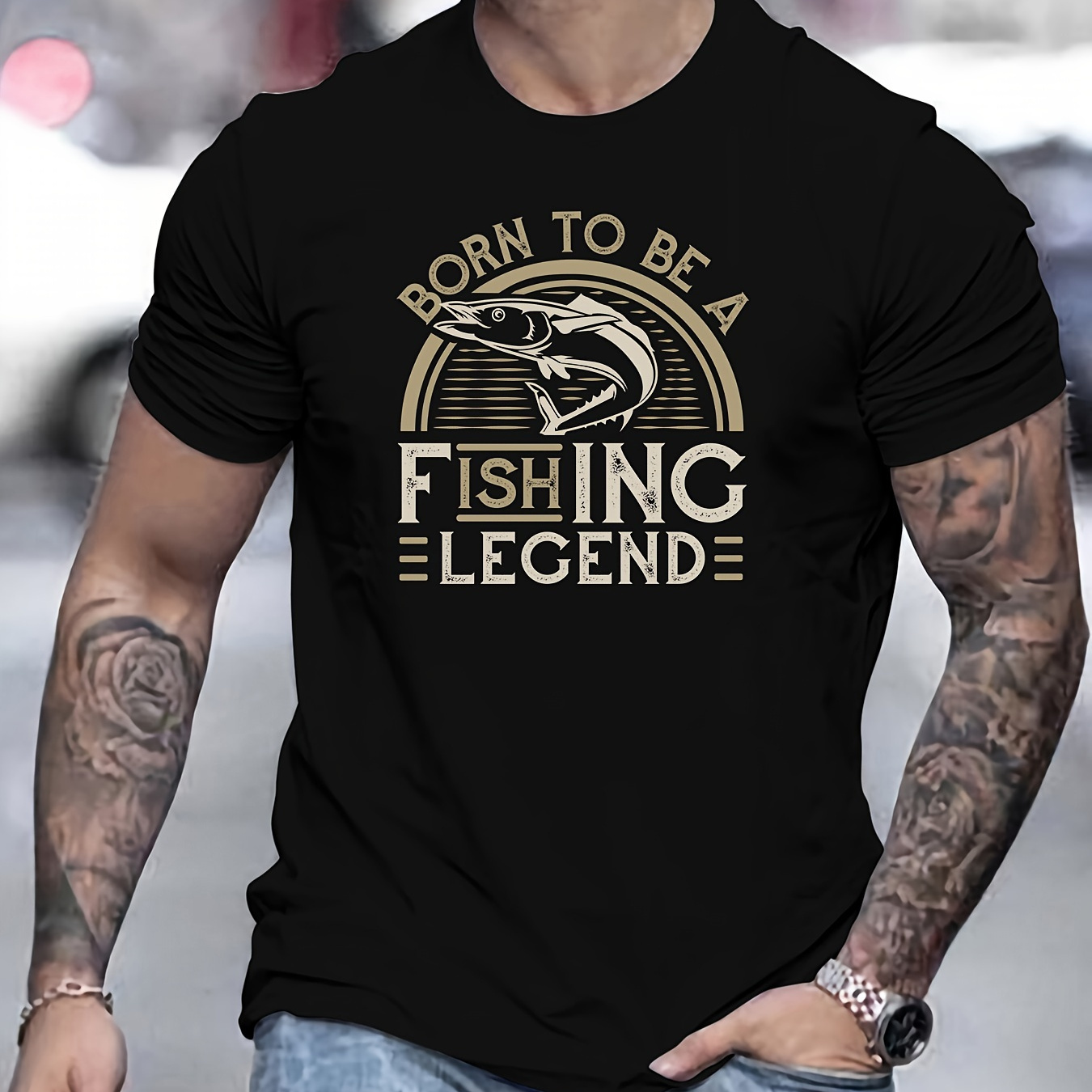 

Men's Born To Be Fishing Legend Letter Print Short Sleeve T-shirts, Comfy Casual Elastic Crew Neck Tops For Men's Outdoor Activities