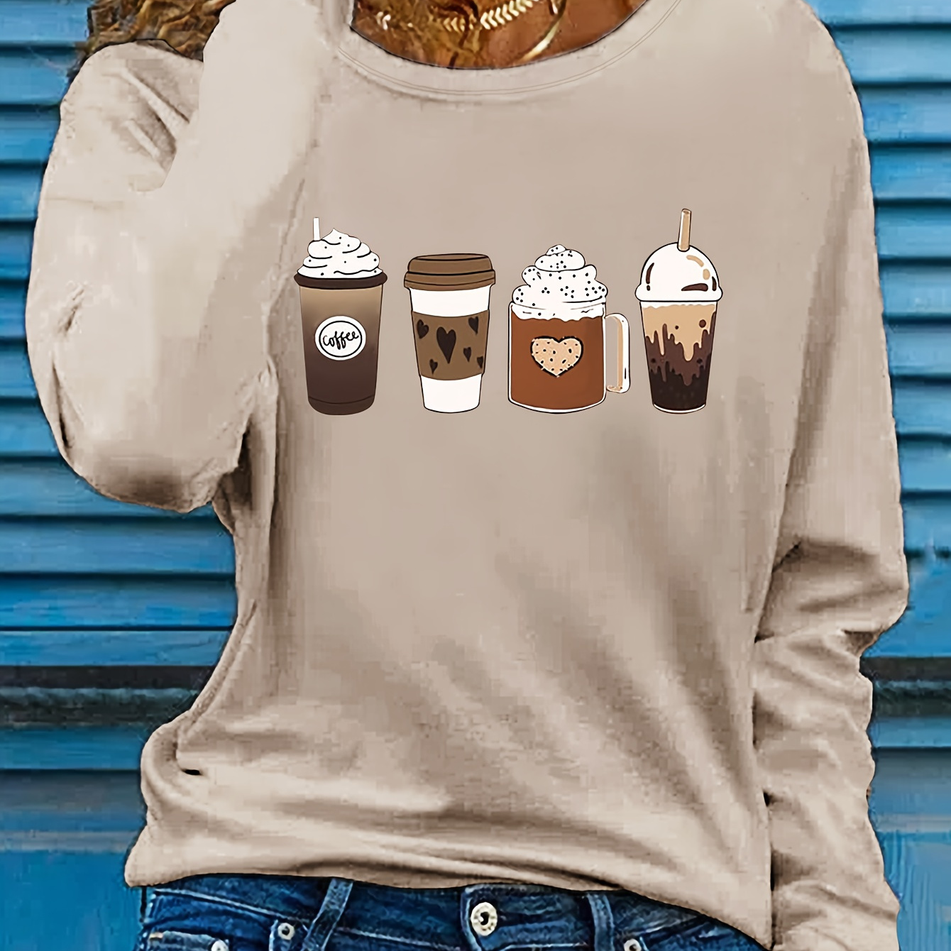 

Women's Casual Long Sleeve Crew Neck T-shirt With Coffee Cup Applique, Knit Polyester Fabric, Regular Length, Fall Season Style