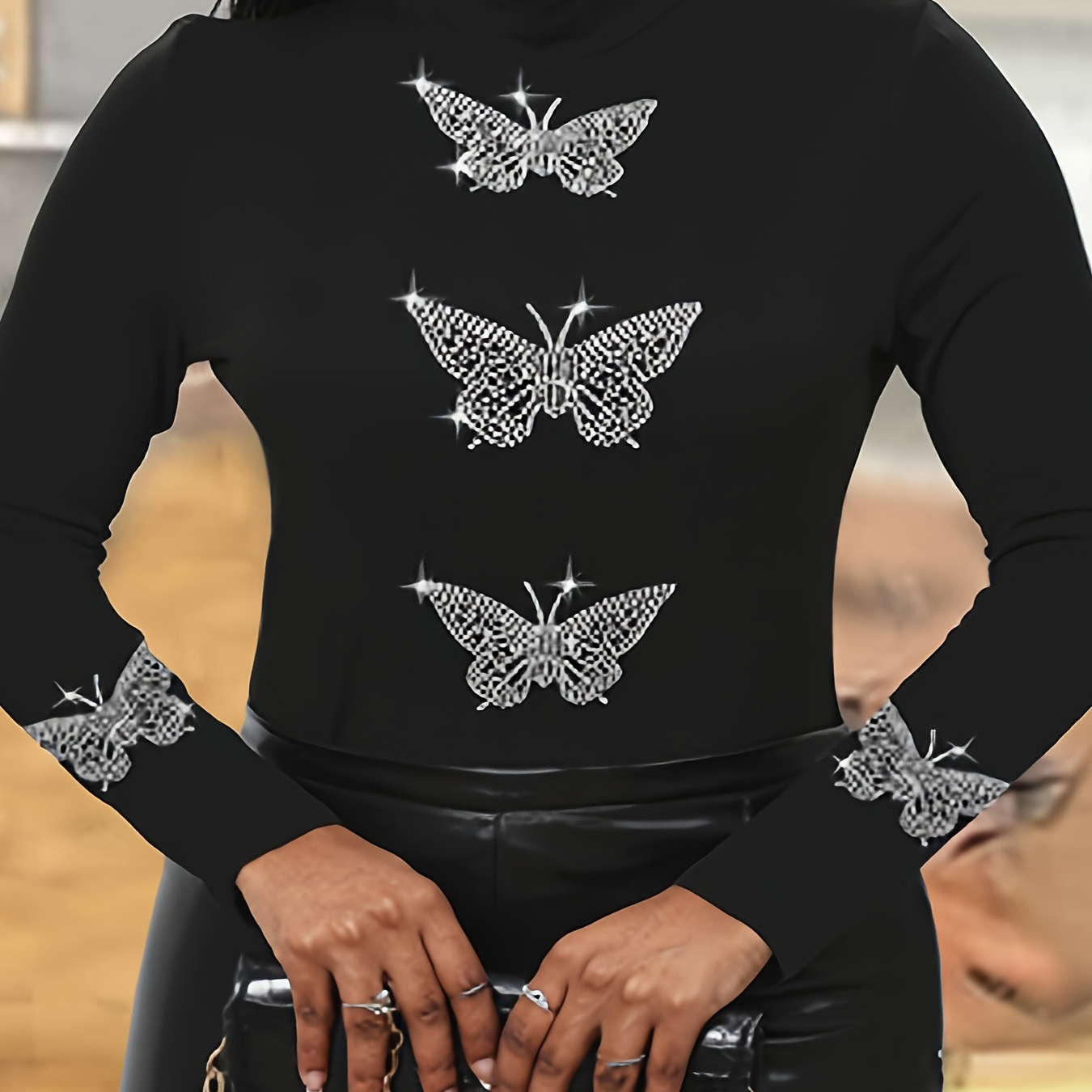 

Rhinestone Butterfly Pattern T-shirt, Casual Long Sleeve Top For Spring & Fall, Women's Clothing