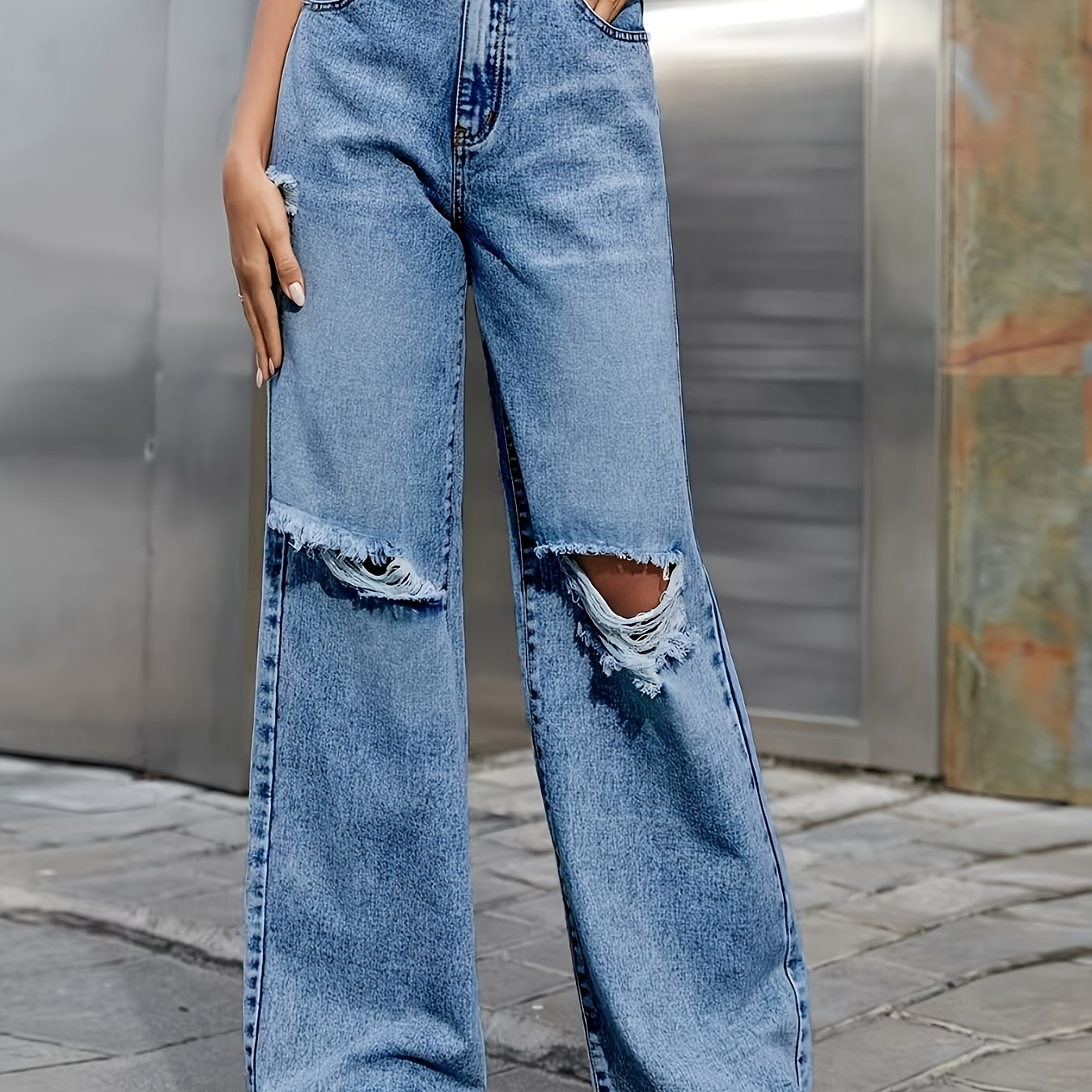 

Women's Fashion Ripped Wide-leg Jeans, Casual Style, High-waisted Denim Pants Streetwear Trouser For Daily Wear