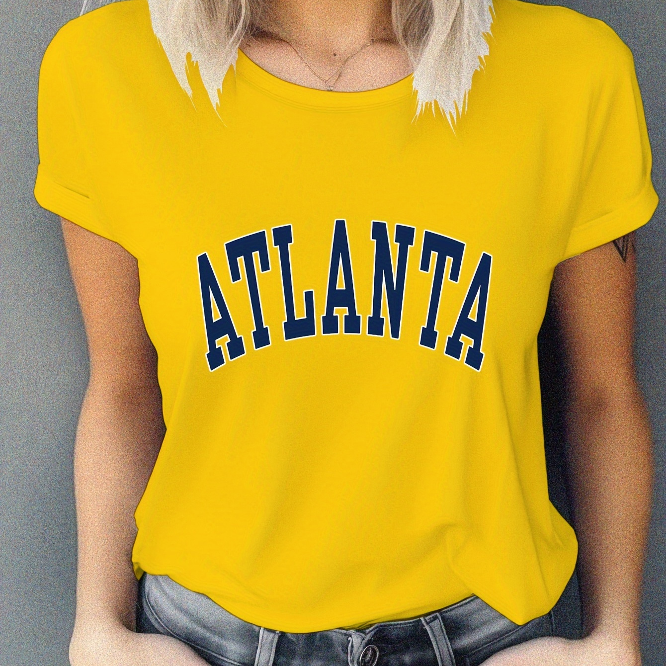 

Atlanta Letter Print T-shirt, Short Sleeve Crew Neck Casual Top For Summer & Spring, Women's Clothing