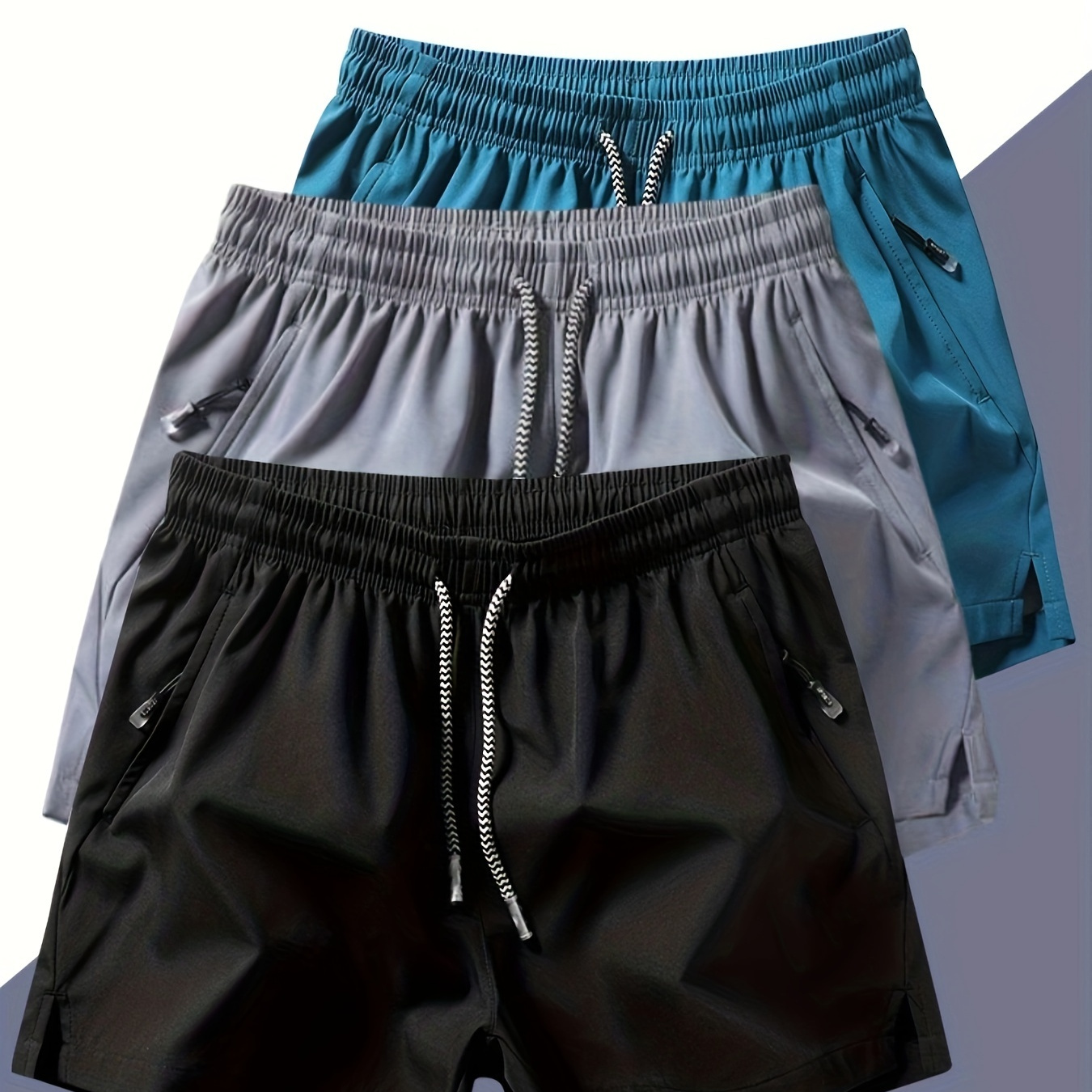 

Men's Three-piece Set Of Solid Color Shorts With Drawstring And Pockets, Casual And Comfy Shorts For Summer Fitness And Outdoors Activities