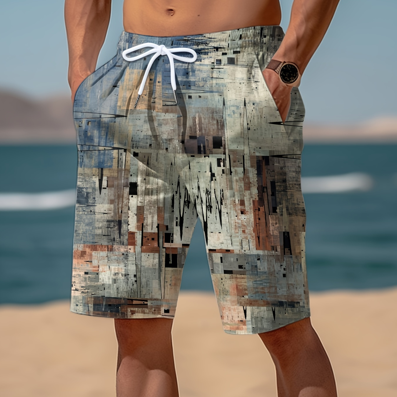 

Vintage Color Block Digital Print Men's Active Drawstring Shorts With Pockets For Summer Beach Pool