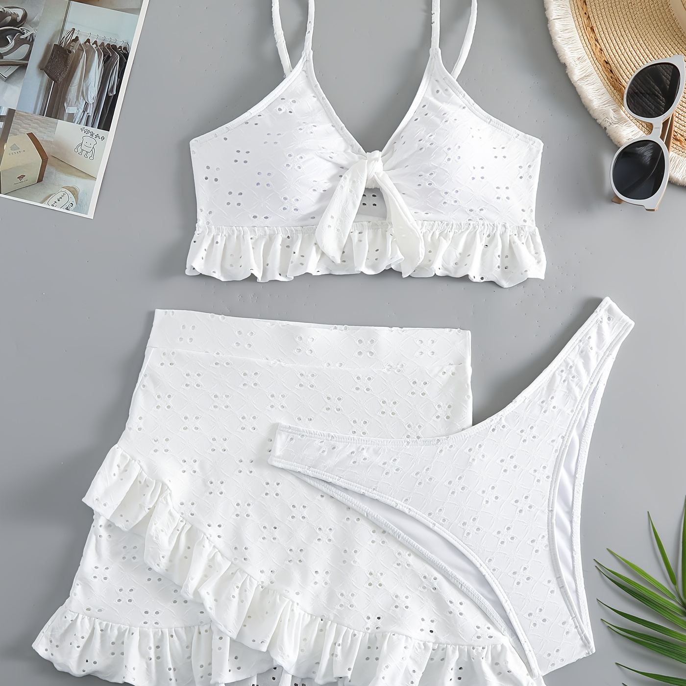 

Hollow Out Solid White 3 Piece Set Swimsuits, V Neck Spaghetti Strap Ruffle Bowknot Bikini & Eyelet Embroidery Cover Up Skirt, Women's Swimwear & Clothing