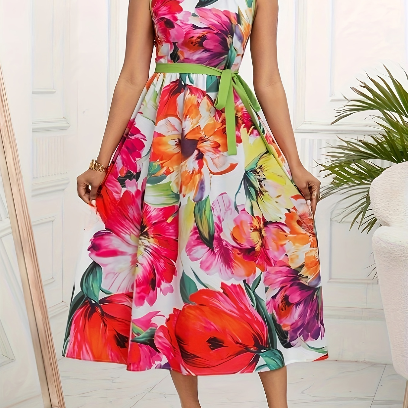 

Robe ceinturée à col rond imprimé floral, robe midi élégante sans manches pour le printemps et l’été, vêtements pour femmes