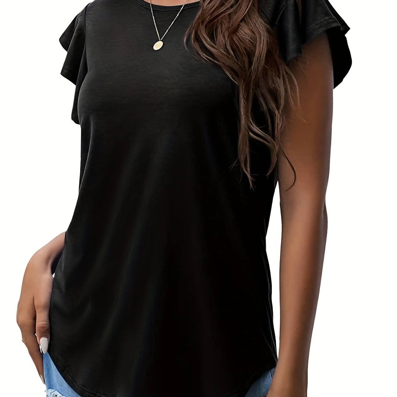 

Ruffle Sleeve Crew Neck T-shirt, Casual Top For Summer & Spring, Women's Clothing