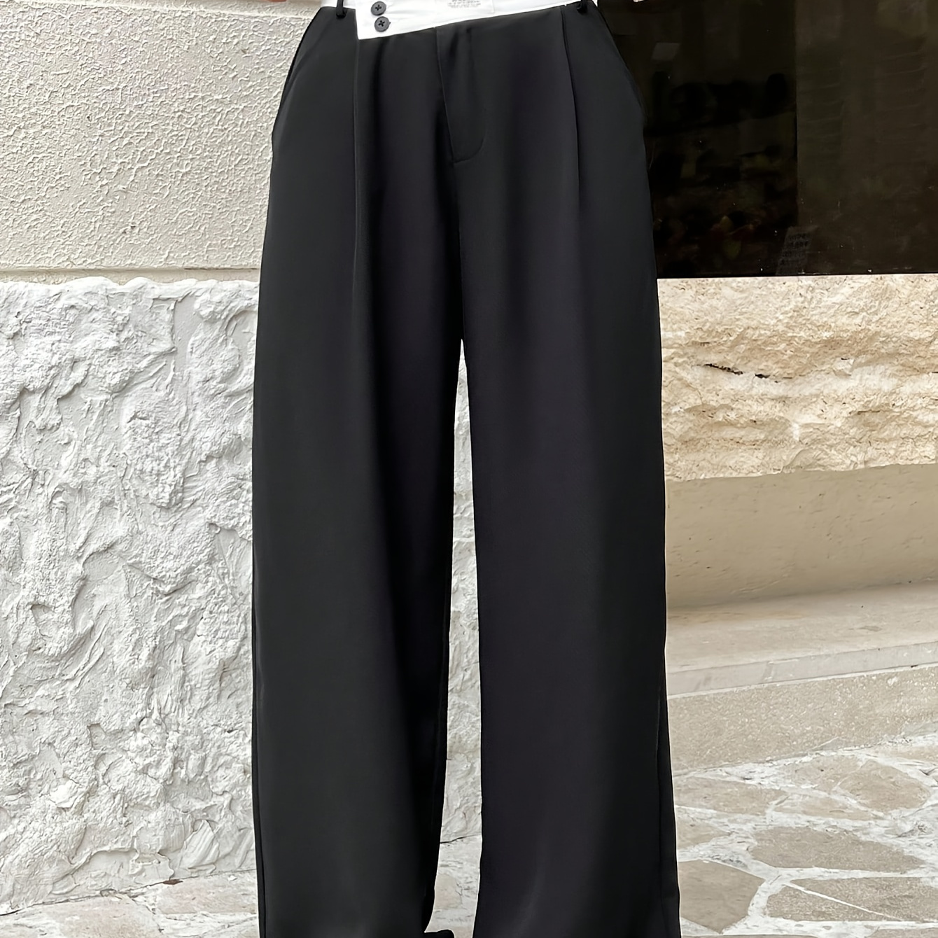 

Women's Wide-leg Pants - Solid Color, High Waist With Detail, Machine Washable