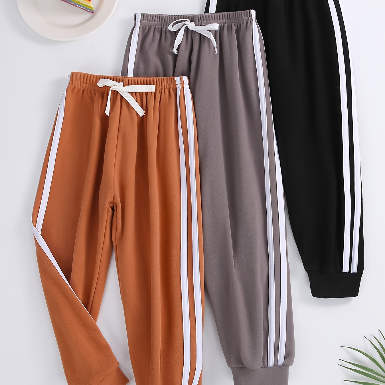 

3pcs Kid's Fleece Sweatpants, Color Clash Jogger Pants, Comfy Casual Trousers, Boy's Clothes For Fall Winter, As Gift
