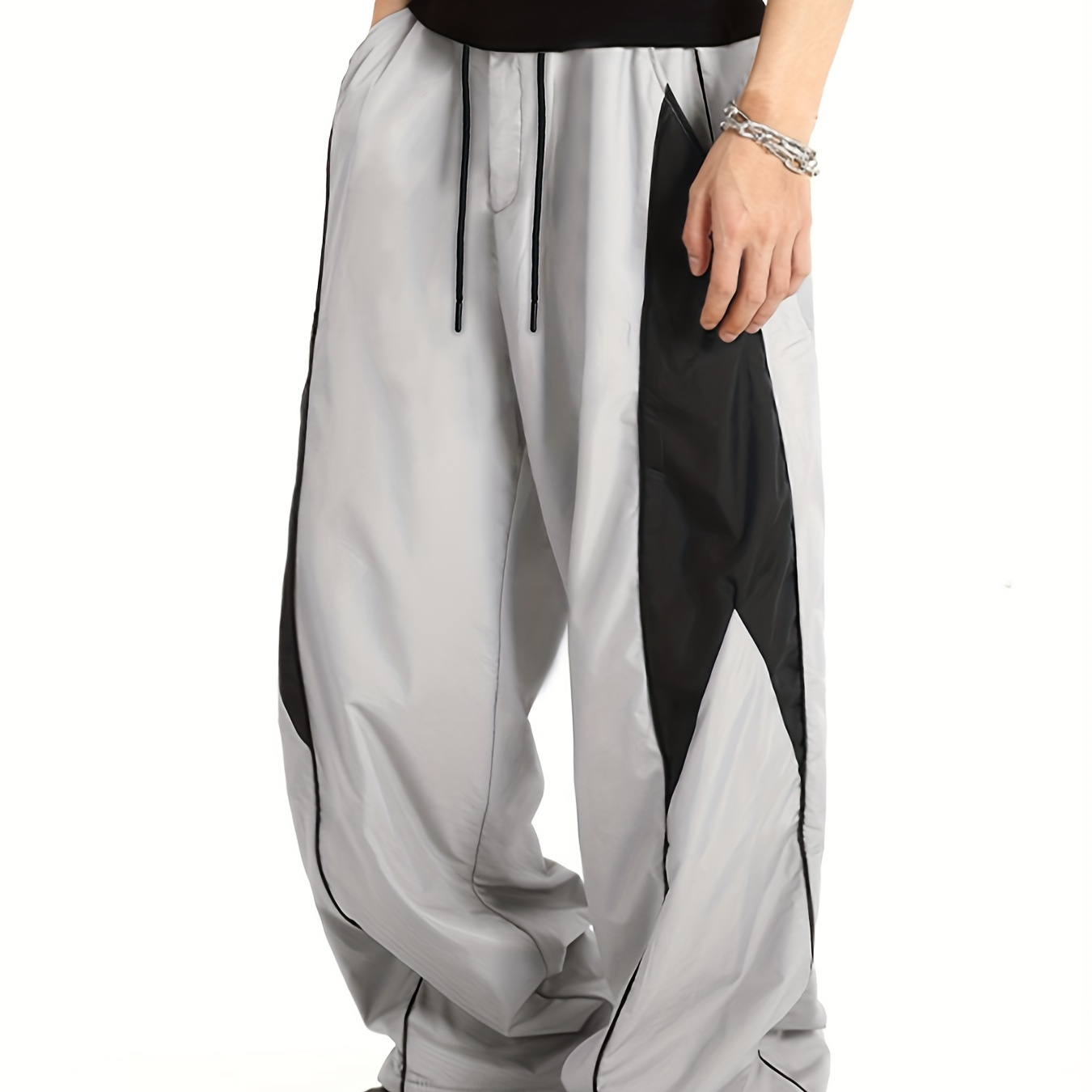 

Men's Loose Fit Color Block Sports Pants, Casual Street Style Athletic Trousers With Drawstring