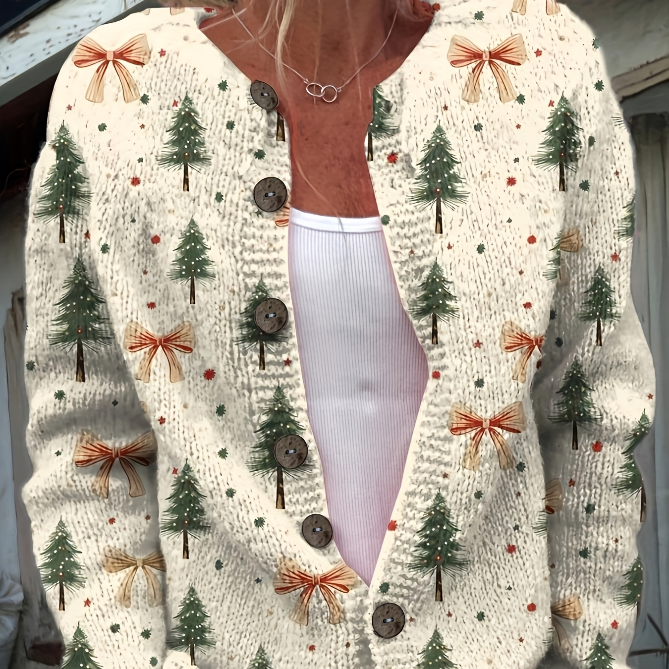 

Pull surdimensionné à motif d'arbre de Noël - Cardigan décontracté à col rond, manteau en mélange de polyester légèrement extensible, avec détails boutonnés, pour /hiver