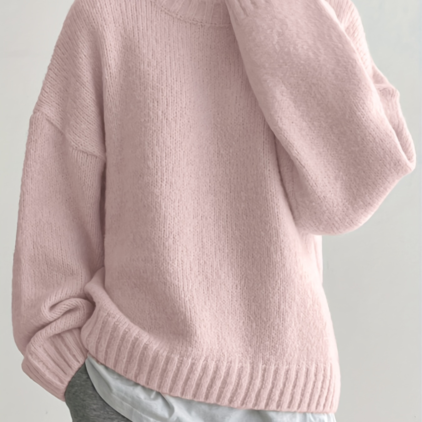 

Pull à col rond rose à épaules tombantes, pull décontracté à manches longues pour et l'hiver, vêtements pour femmes