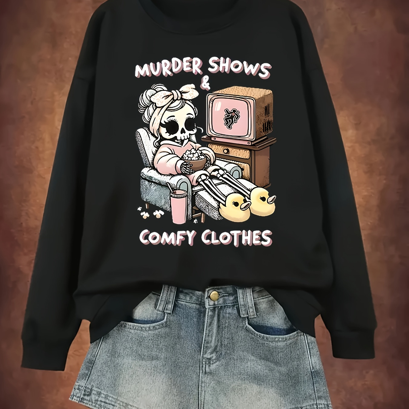 

Women's Casual Crew Neck Sweatshirt, 100% Polyester Knit Fabric, Cartoon , Long Sleeve, Regular Fit, Slight Stretch, - Black