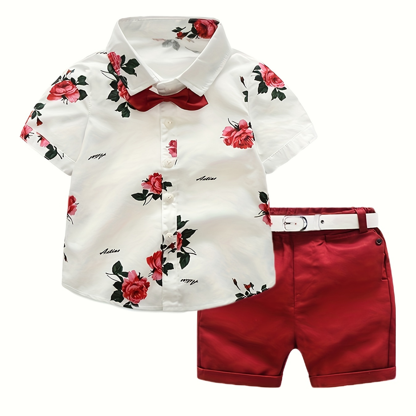 

2pcs Beach Style Boys Casual Holiday Vacation Shorts Set, Floral Bow Tie Short Sleeve Shirt + Belt Elastic Waist Shorts, Kids Gentleman Formal Outfit
