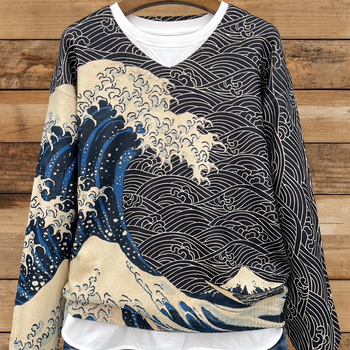 

Women's Cozy V-neck Sweater With Artistic Print - Knit, Long Sleeve, , Fall/winter