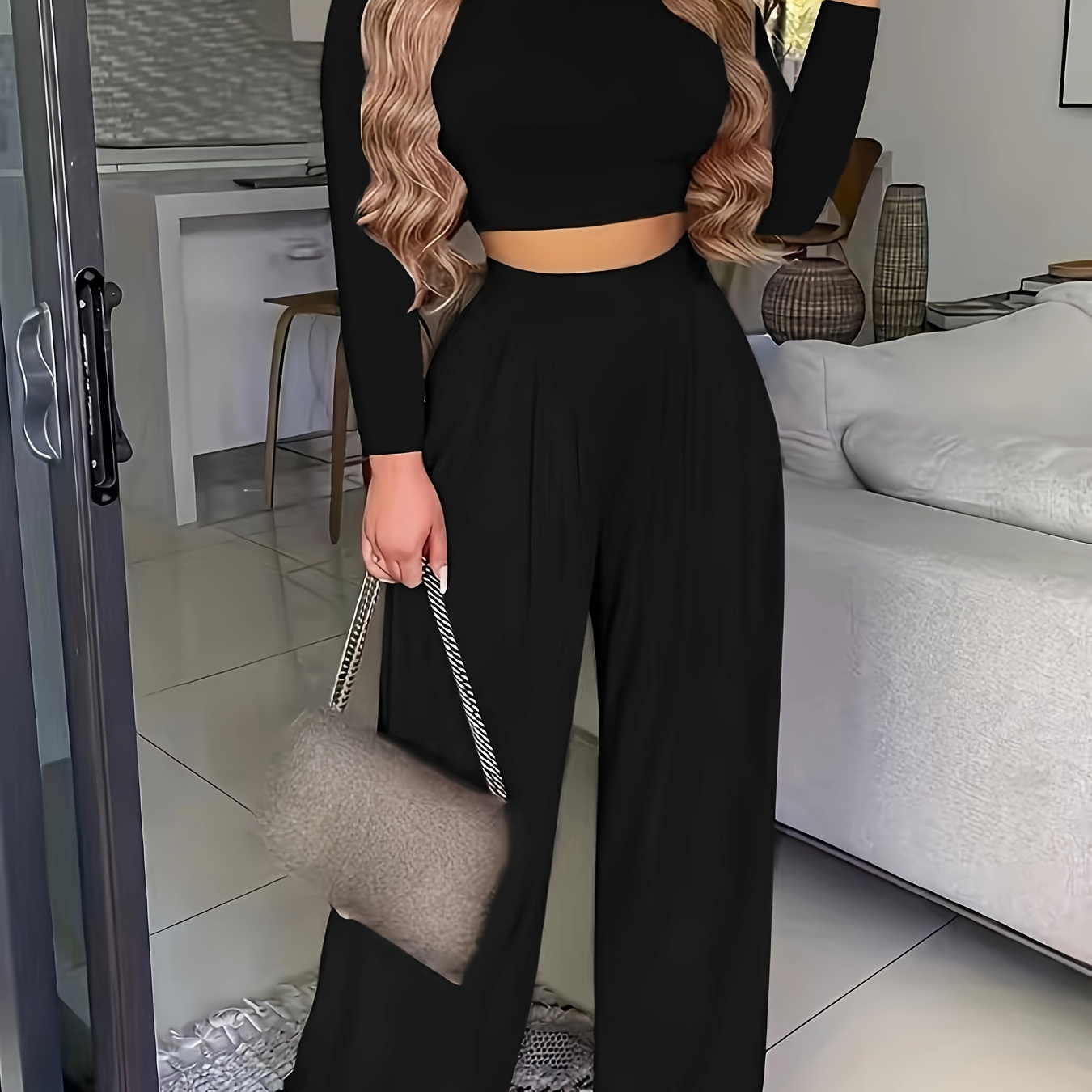 Casual Solid Two piece Pants Set Long Sleeve Top Wide Leg - Temu