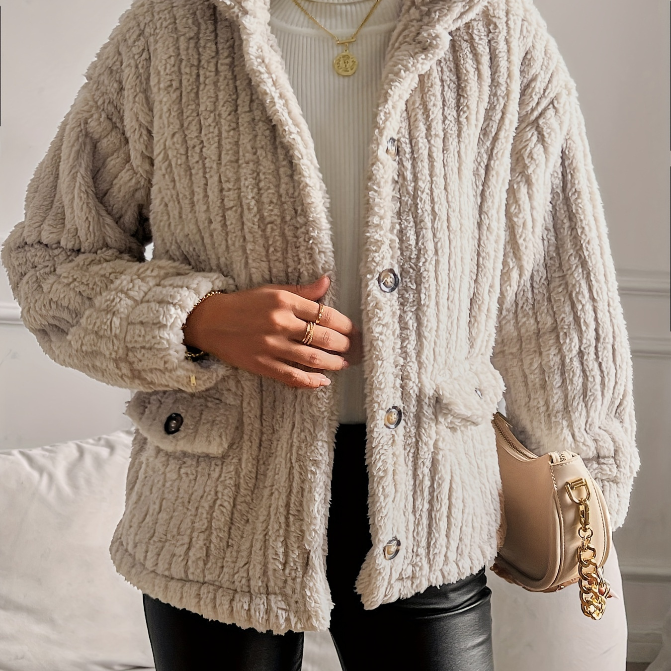 

Button Front Teddy Coat, Casual Solid Long Sleeve Warm Outerwear, Women's Clothing