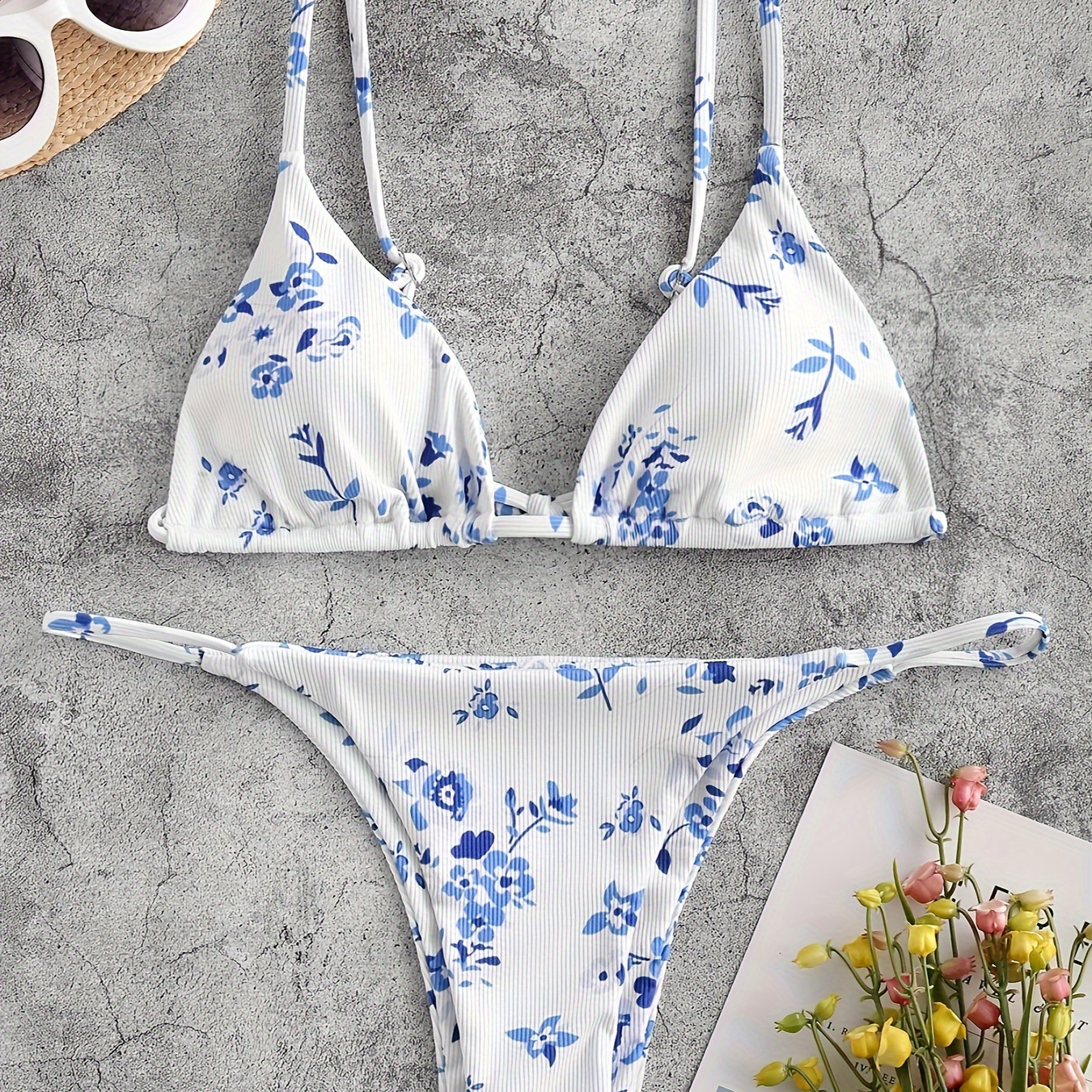 

Zaful Women's Floral Print Bikini Set With Tie-detail - , V-neck, Spaghetti Straps Swimsuit In , Polyester/spandex , Machine Washable, High Waisted Bikini Set