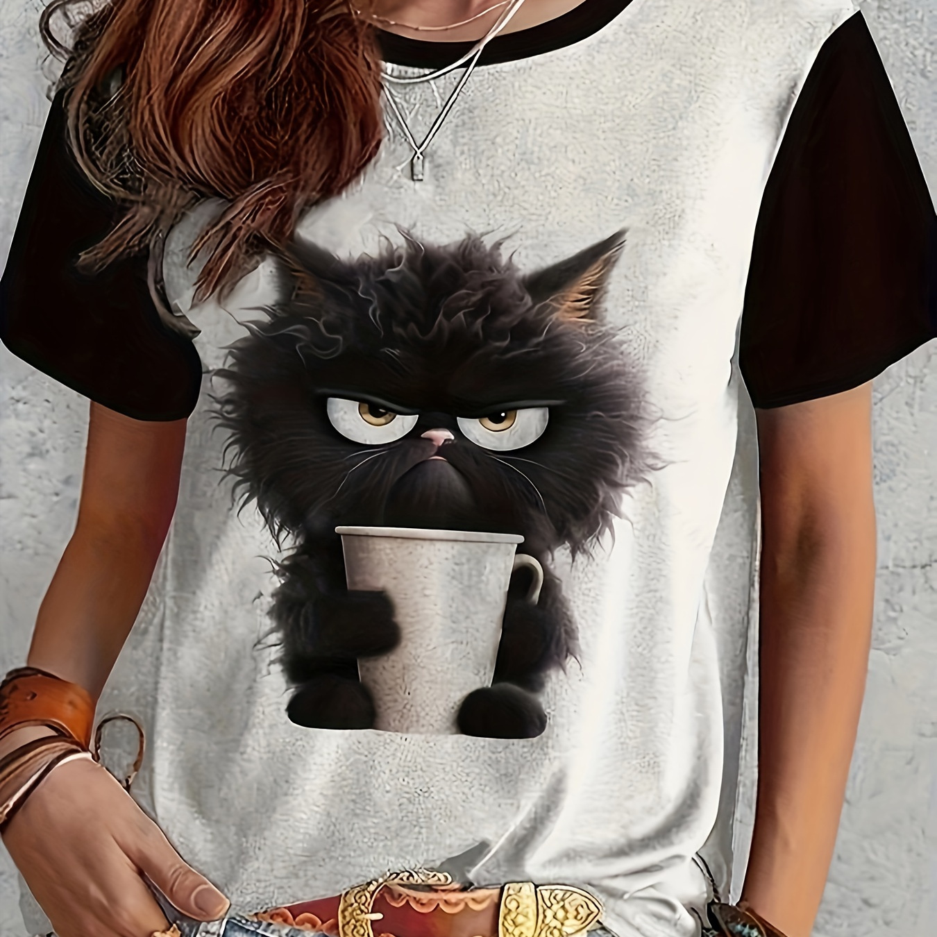 

Cat Print Crew Neck T-shirt, Short Sleeve Casual Top For Spring & Summer, Women's Clothing