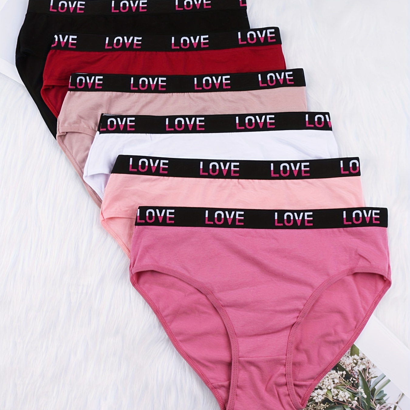 

6 Pack Plus Size Casual Brief Set, Women's Plus Comfort Breathable High Rise Contrast Color Letter Tape Soft Bikini Panties 6pcs Set