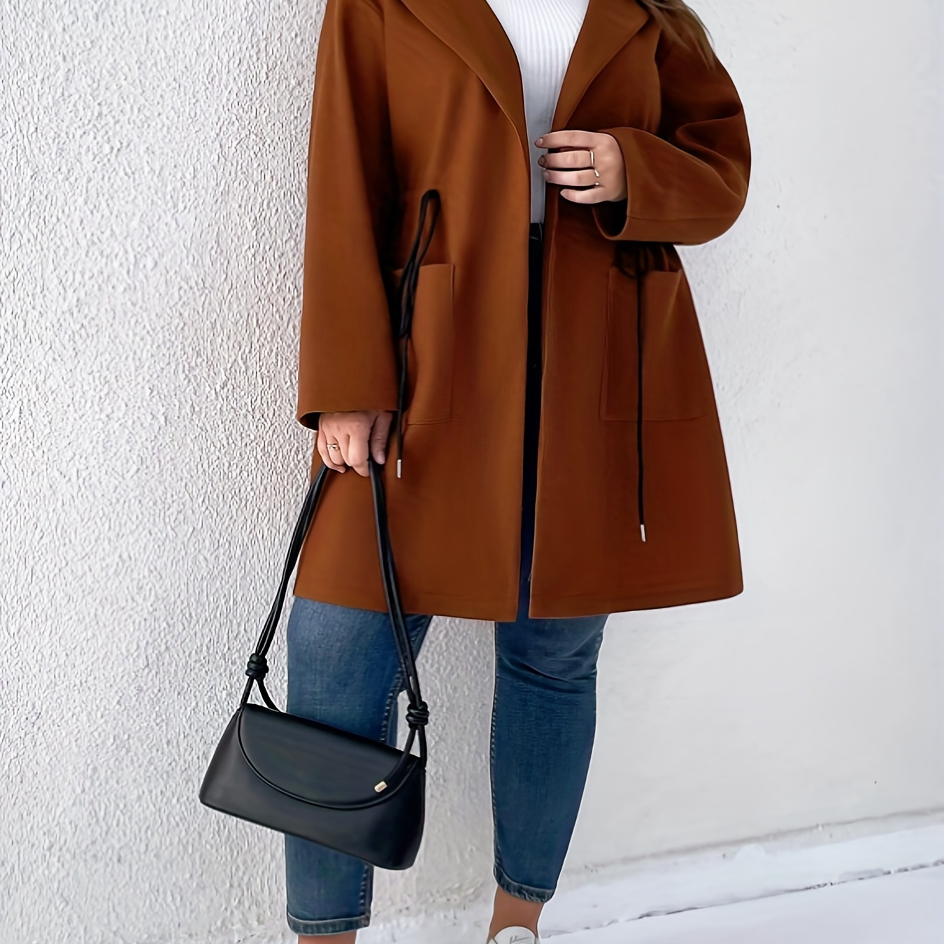 Plus Size Casual Coat, Women's Plus Solid Long Sleeve Drawstring Hooded Coat With Pockets