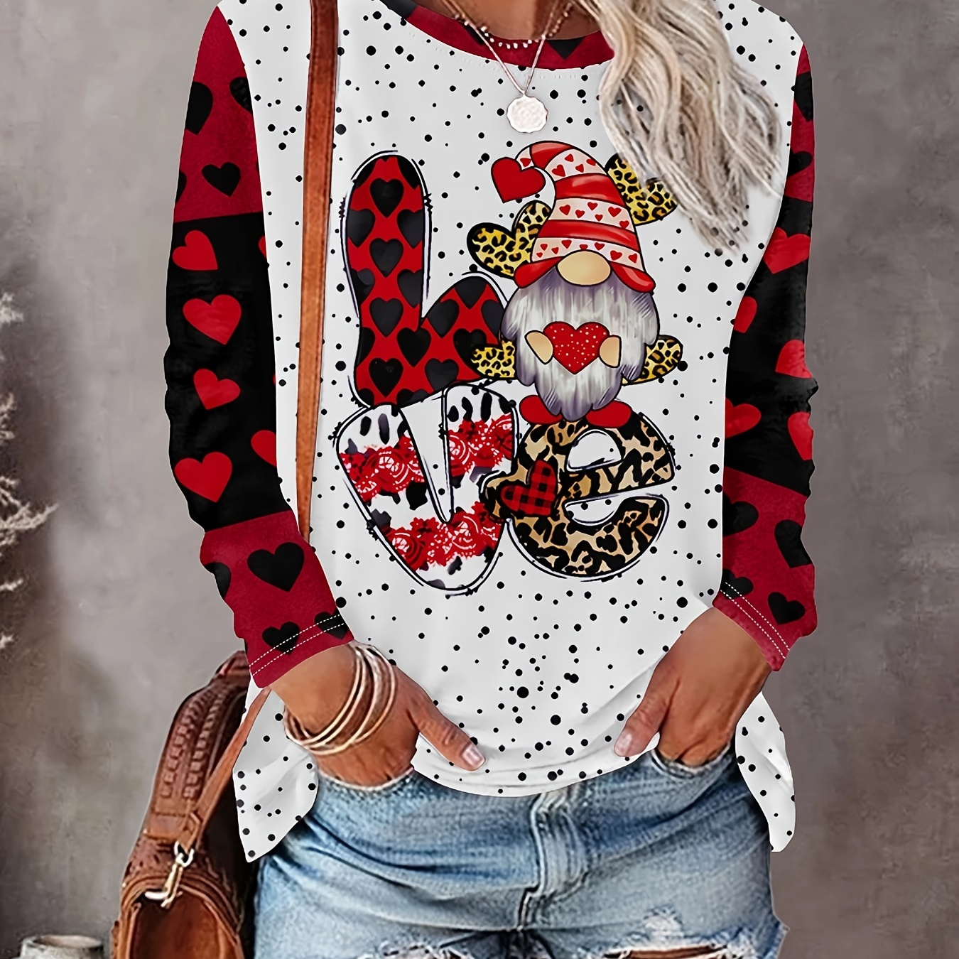 

Heart & Gnome Print Crew Neck T-shirt, Casual Long Sleeve Top For Spring & Fall, Women's Clothing, Valentine's Day