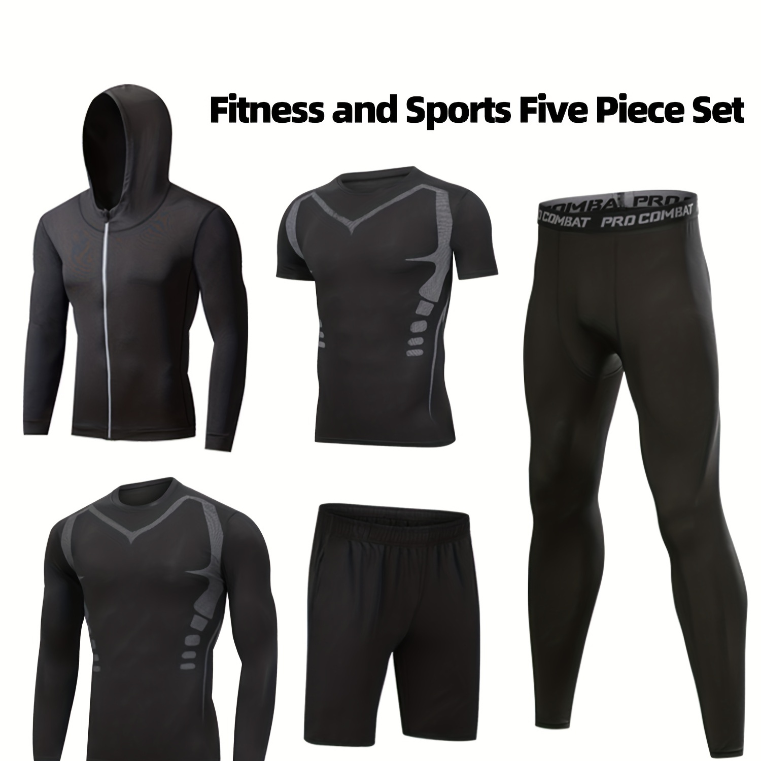 

5-piece Men's Solid Fitness Sportswear Suits, Long Sleeve Hooded Zip-up Sweatshirt + Short Sleeve Compression T-shirt +long Sleeve Compression T-shirt + Breathable Shorts + Mid Stretch Leggings