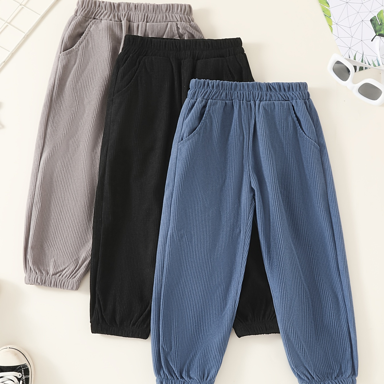 

Boys' 3pcs Casual Corduroy Pants With Waist & Pockets - Spring/fall