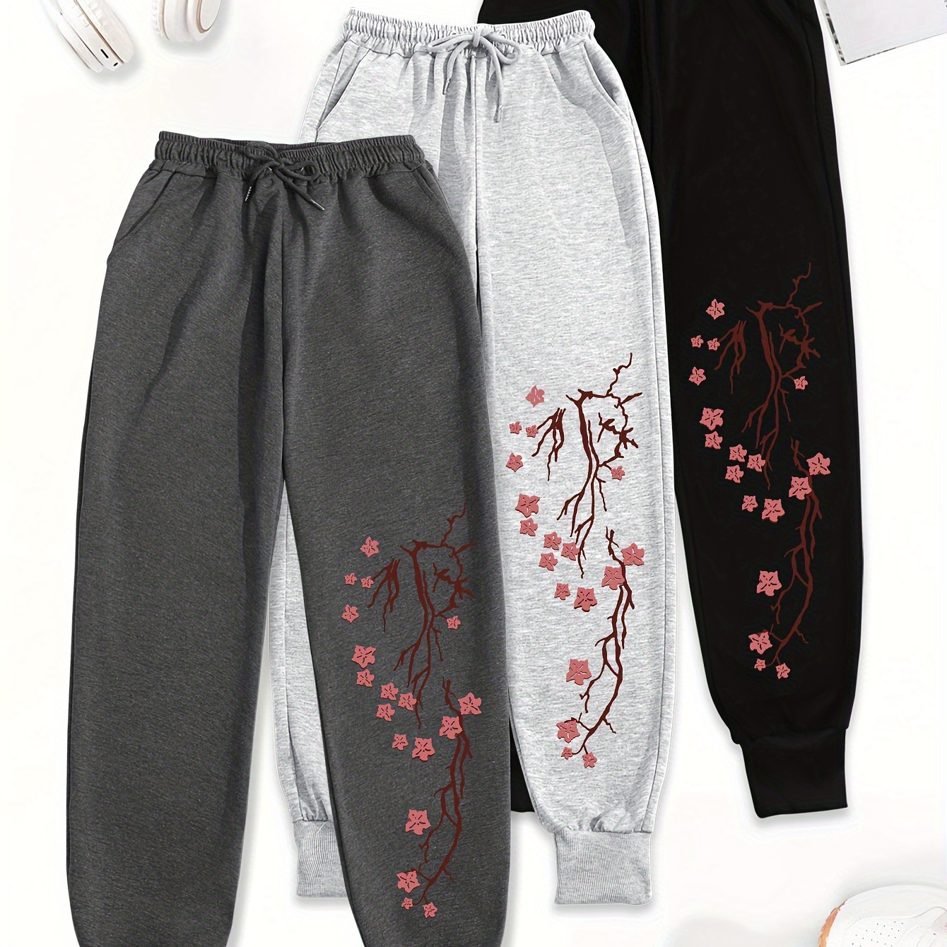 

3pcs Women's Casual Polyester Sweatpants, Knit Fabric Sports Pants, Loose Fit, With Pockets, With Floral Print, Waist