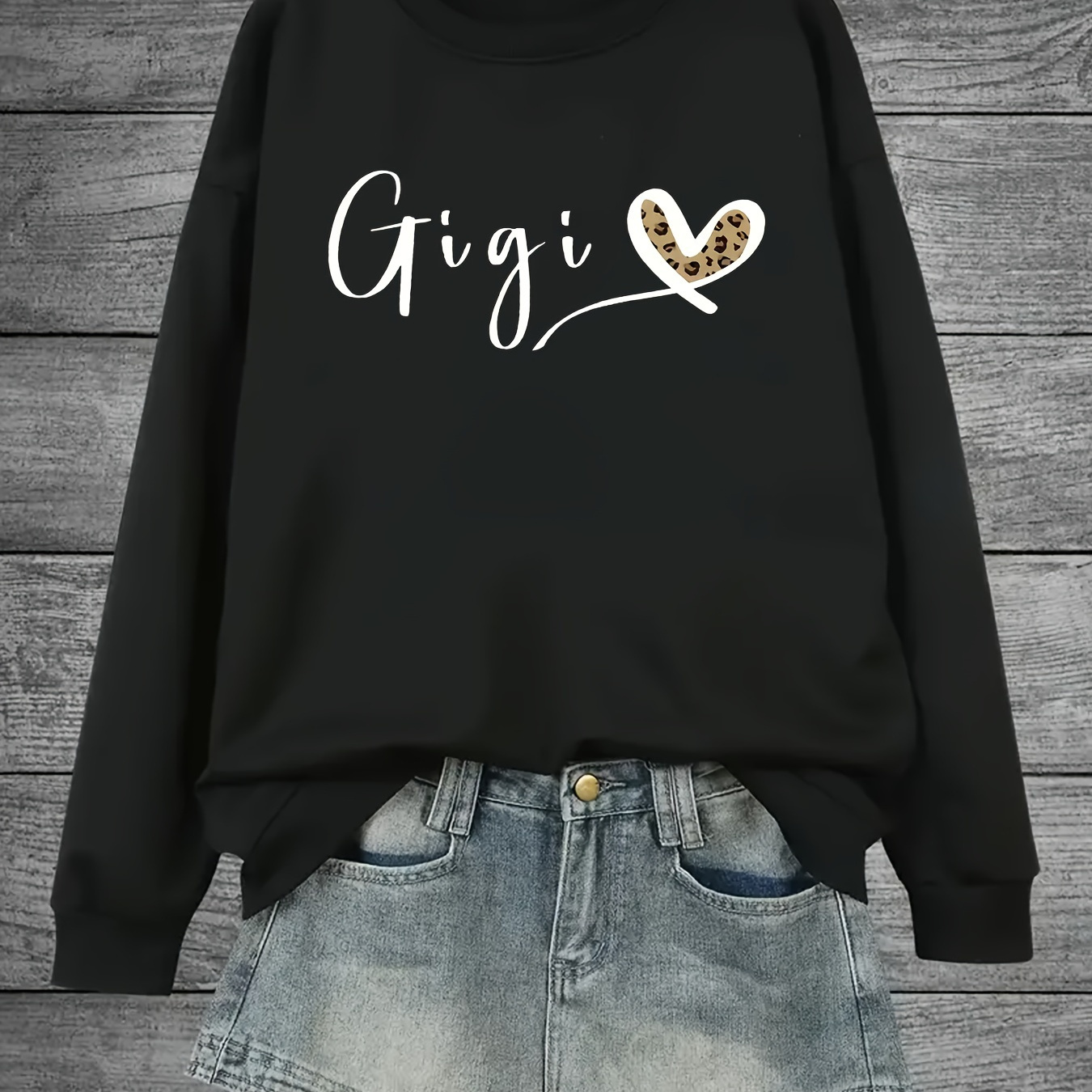 

Gigi & Heart Print Sweatshirt, Crew Neck Casual Sweatshirt For Fall & Spring, Women's Clothing